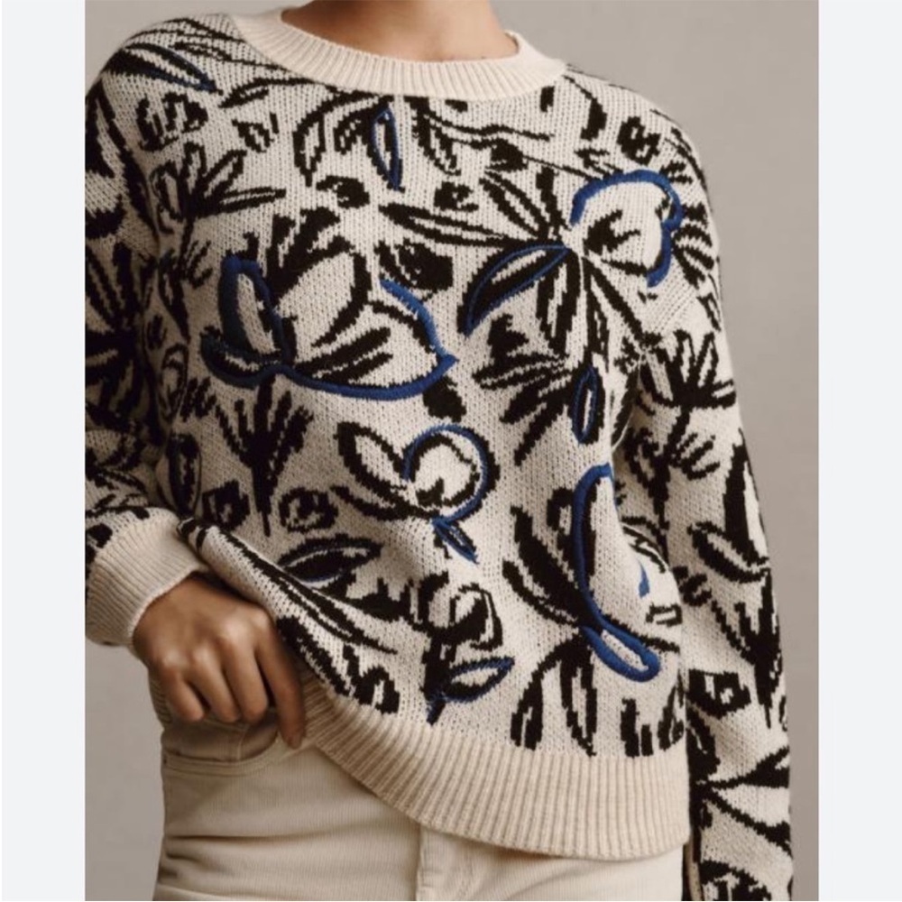 Anthropologie Floral Pop Embroidered Sweater BLUE MOTIF Wool Sz S NEW